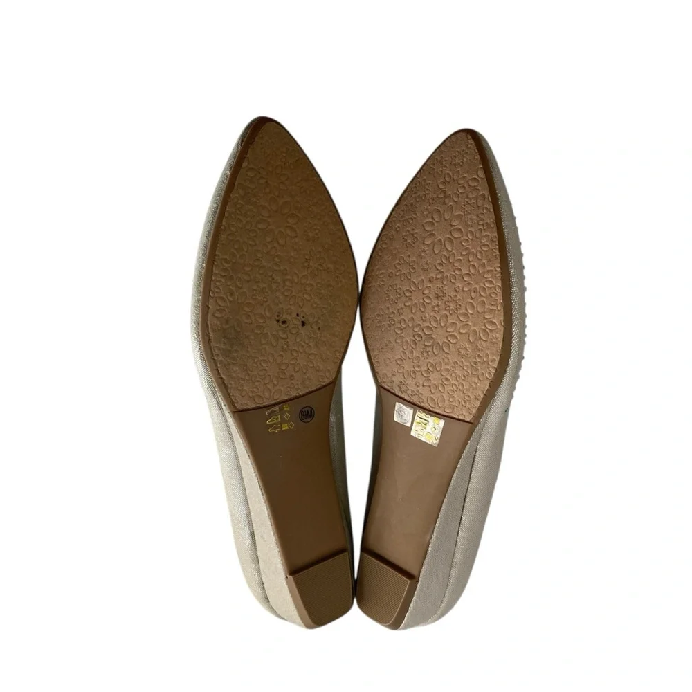 Laundry Metallic Beige Gold Ballet Flats Siver Rhinestones Pointed Toe Party 8.5